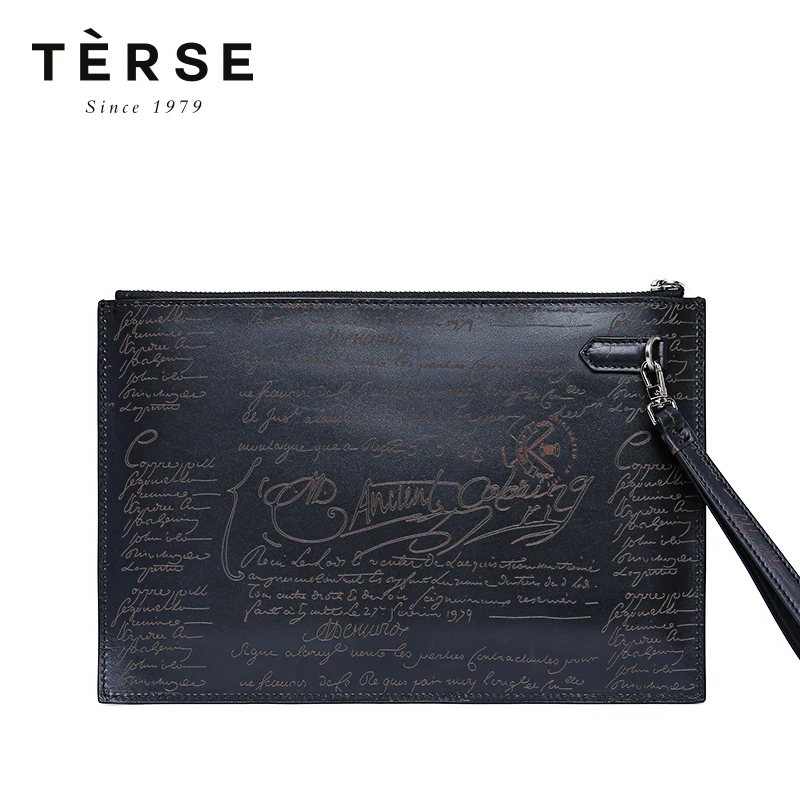 

TERSE 2018 New Handbags For Men Genuine Leather Clutches With Engraving Thin Large Capacity Handbag 5 Colors Vintage Bags DT0401