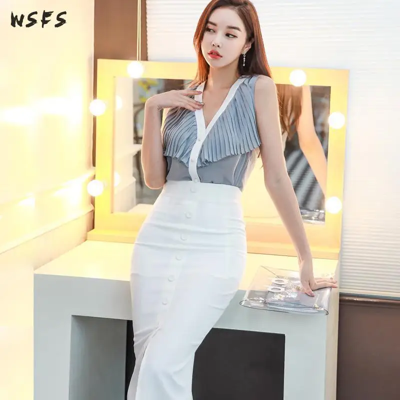 Summer 2 Pieces Set Blue Chiffon Blouses Ruffles Vneck Sleeveless White Pencil Midi Skirts Elegant Office Womens Business Dress
Summer 2 Pieces Set Blue Chiffon Blouses Ruffles Vneck Sleeveless White Pencil Midi Skirts Elegant Office Womens Business Dress