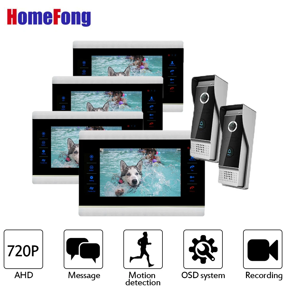 

Homefong 7 Inch AHD Video Doorbell Intercom System Camera Touch Key 4 Monitors and 2 Doorbells 720P High Resolution Unlock