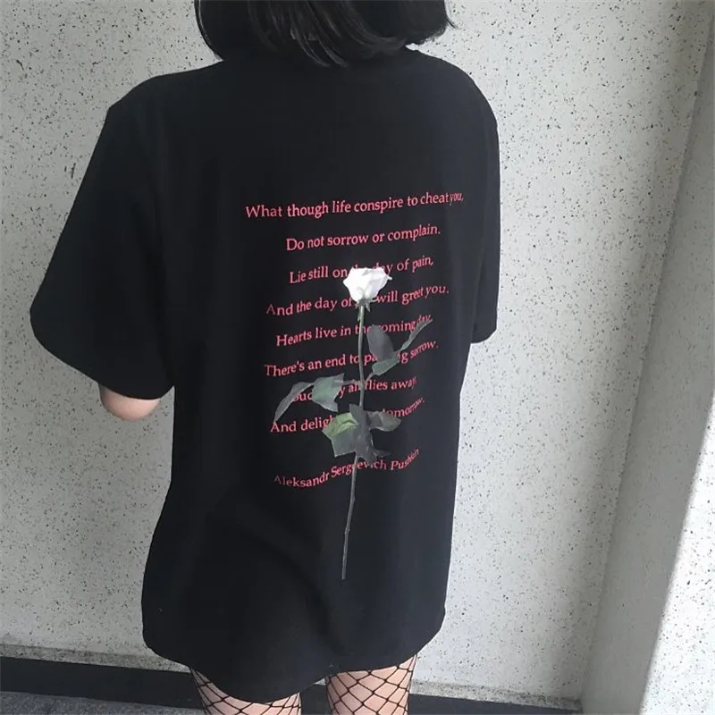 Harajuku/женская и мужская футболка в Корейском стиле с буквенным принтом розы