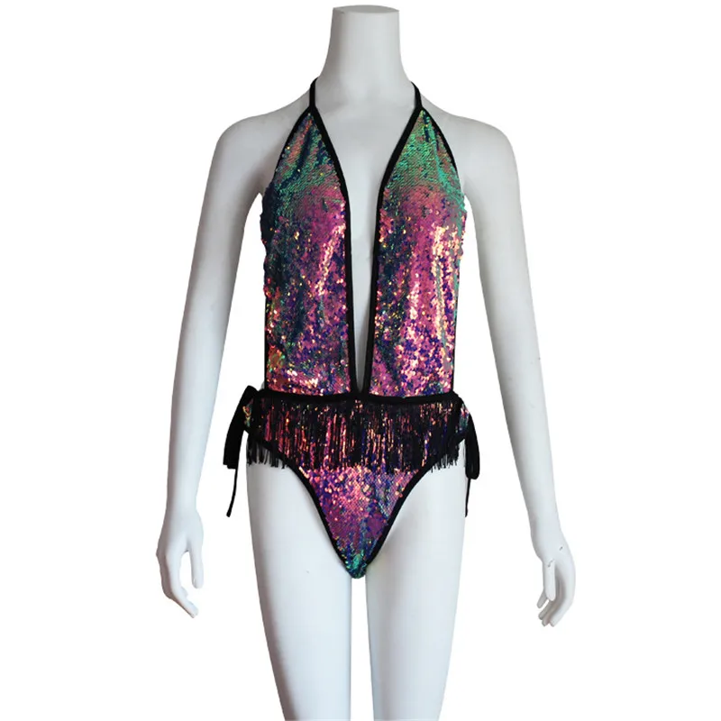 Shiny Sequins One Piece Cut Out Swimsuit Halter Lace Up Tassel Backless Bikini Sexy Tight Swimwear Trajes De Ba O Mujer 2019 | Спорт и