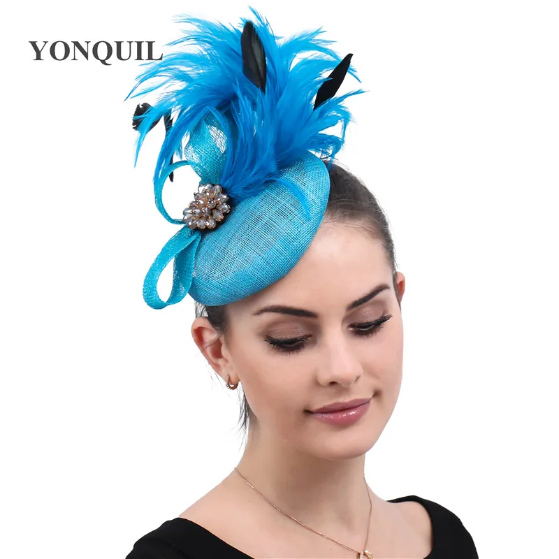 

Party Tea Royal Race Hair Accessories Turquoise Sinamay Women Elegant Fascinators Fancy Feathers Hat For Ladies Headpiece SYF500