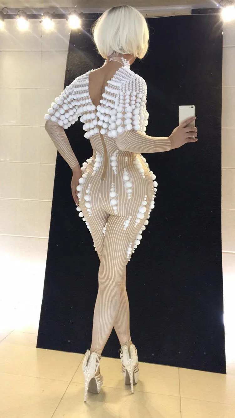 2020 Christmas New White Ball Sexy Jumpsuits Outfit Female Costumes Performance Show Leotard Dance Nightclub Stage Bar Slim Star |