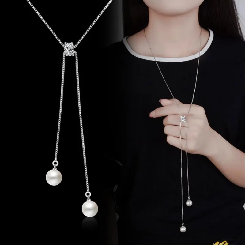 Simple Fashion 925 Sterling Silver Necklace Zircon Pearl Sweater Long Chain Necklaces For Women Choker Collares Gift
Simple Fashion 925 Sterling Silver Necklace Zircon Pearl Sweater Long Chain Necklaces For Women Choker Collares Gift