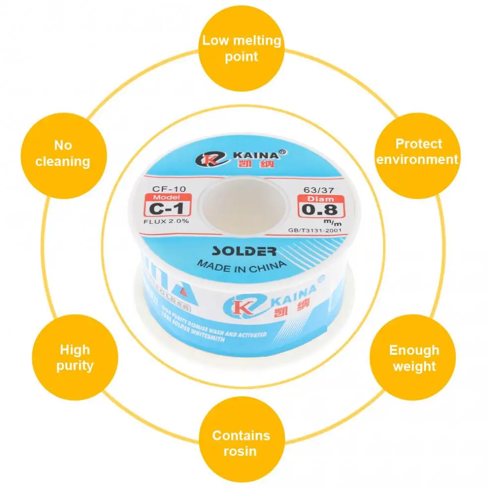 63/37 100g 0.8mm 0.6mm-2.0mm High Purity No-clean Rosin Core Solder Tin Wire Reel with 2% Flux and Low Melting Point
63/37 100g 0.8mm 0.6mm-2.0mm High Purity No-clean Rosin Core Solder Tin Wire Reel with 2% Flux and Low Melting Point