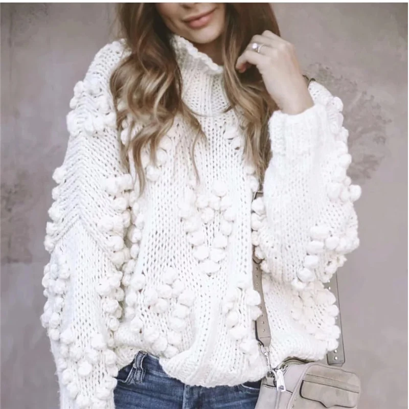 

Autumn Coarse wool handmade knitted Sweater women Half turtleneck lazy Rough wool Knitted Lantern Sleeved 3D Yarn Ball Pullover