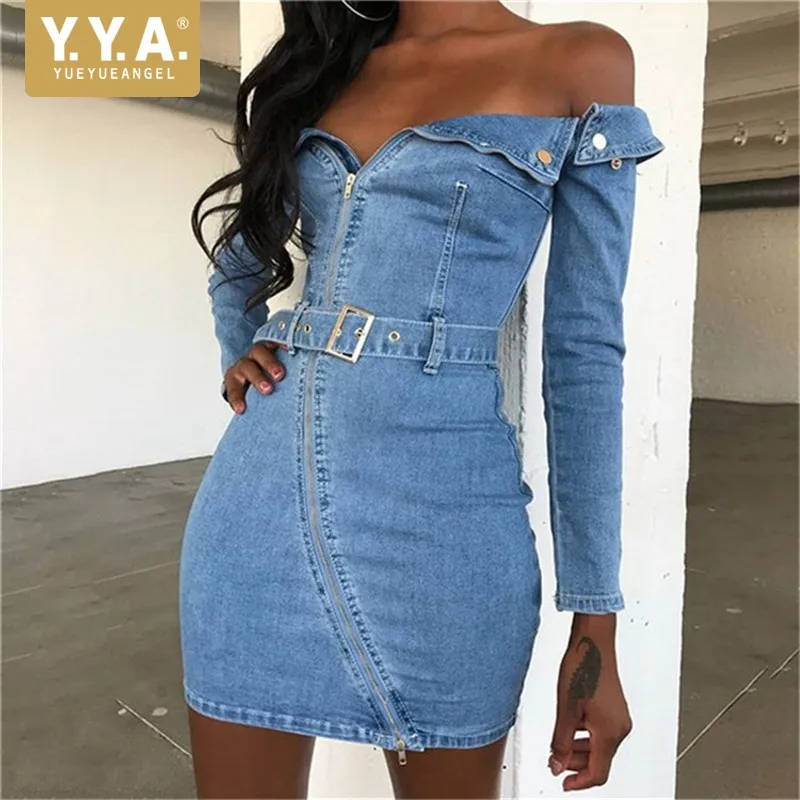 Sexy Slash Neck Off Shoulder Women Denim Dresses Long Sleeve Sashes Zipper Fly Slim Fit Sheath Wrap Dresses Fashion Streetwear
Sexy Slash Neck Off Shoulder Women Denim Dresses Long Sleeve Sashes Zipper Fly Slim Fit Sheath Wrap Dresses Fashion Streetwear