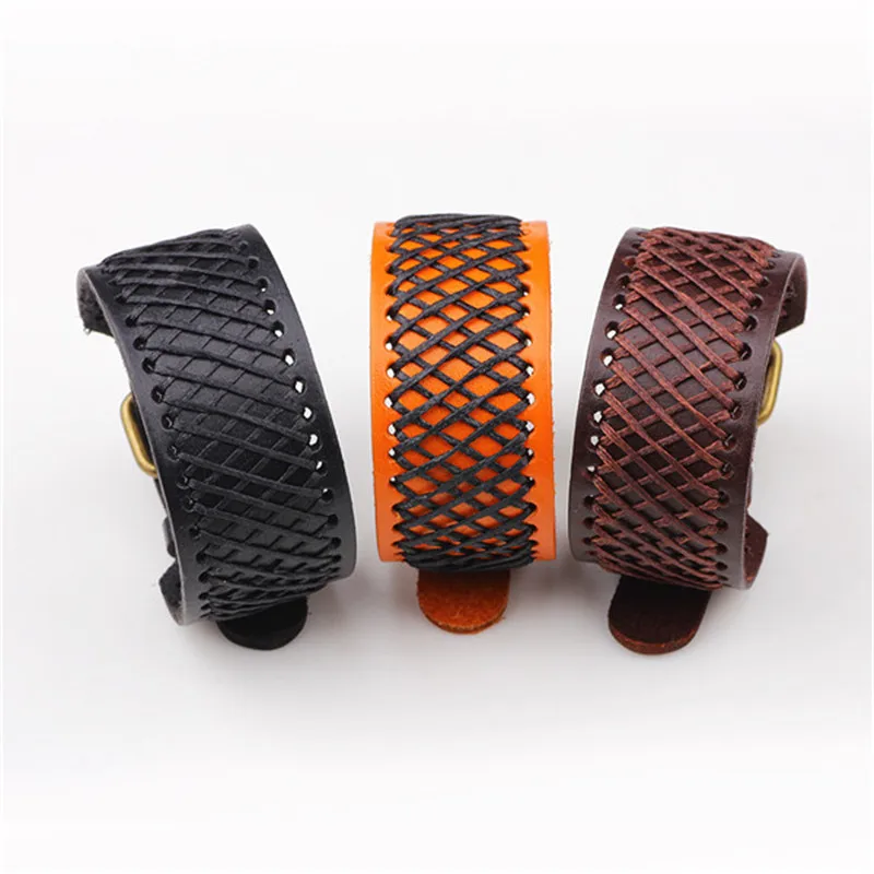 Модные браслеты из натуральной кожи в стиле панк с плетеной проволокой широкие