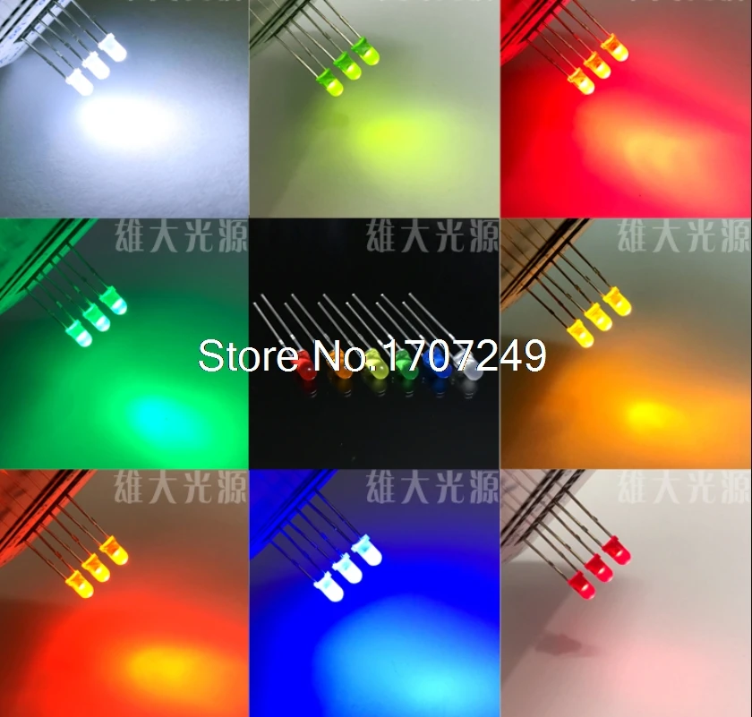 

1000pcs White Red Green Blue Yellow Orange 3mm LED 20mA Diffused Light-Emitting Diode LED 3V F3 Lamp beads/ Feet length: 17~19mm