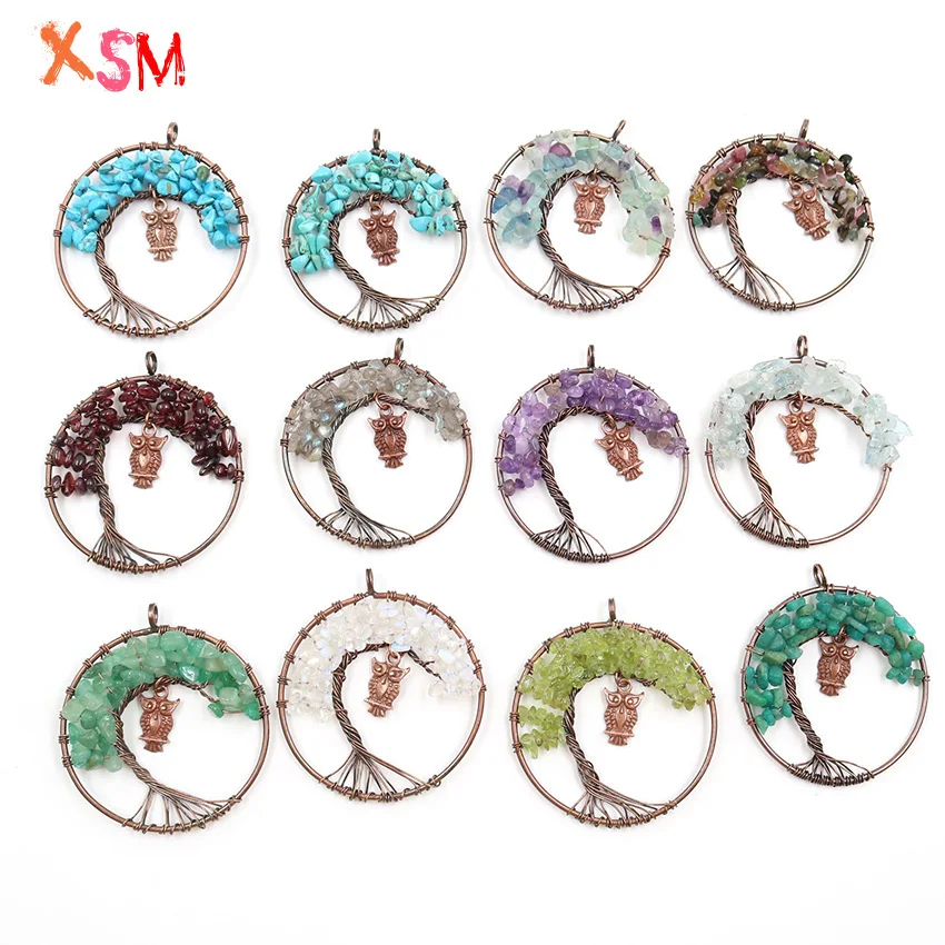 

XSM Bronze Color Rock Crystal Gravel Tree Of Life Inlay Owl Wisdom Pendant Necklace Fashion Jewelry for Women Men