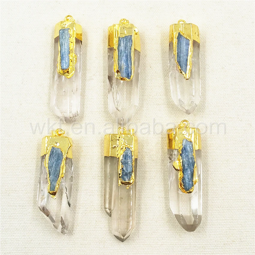 WT-P880 Newest Design Charm Crystal Quartz Gold Pendant Jewelry Natural crystal quartz with blue Kyanite Charm Pendant 10x40mm
WT-P880 Newest Design Charm Crystal Quartz Gold Pendant Jewelry Natural crystal quartz with blue Kyanite Charm Pendant 10x40mm