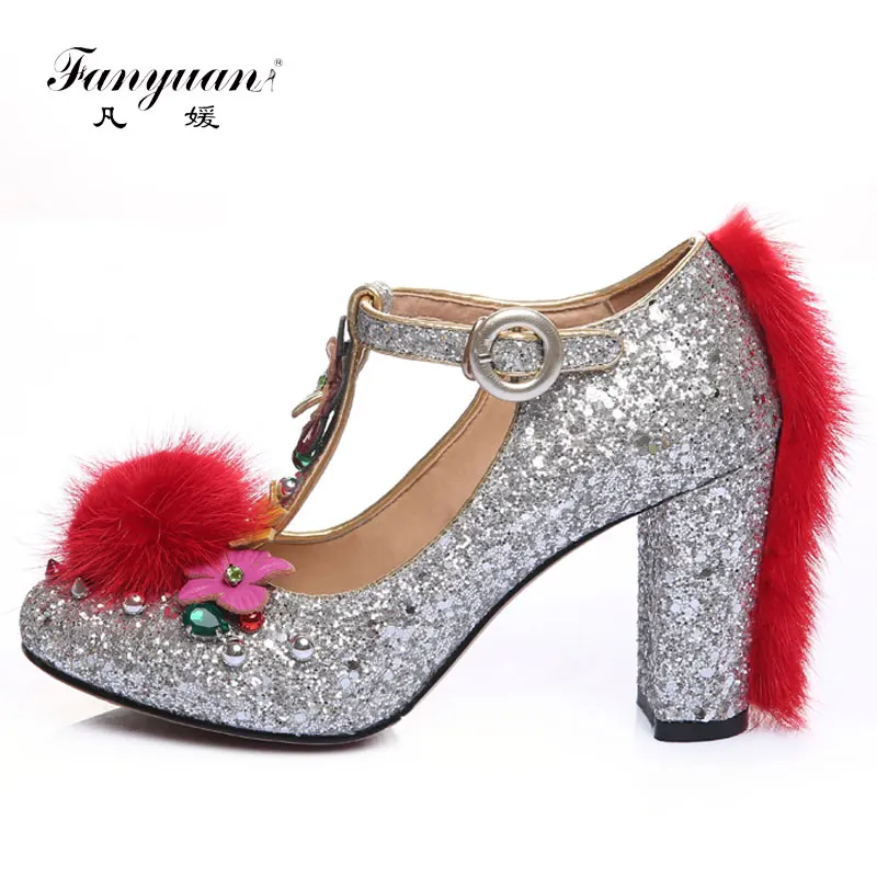 Fanyuan Ladies high-heeled shoes Vintage sequins fur rhinestone crystal shoes wedding shoes Sexy T-Strap Women party pumps
Fanyuan Ladies high-heeled shoes Vintage sequins fur rhinestone crystal shoes wedding shoes Sexy T-Strap Women party pumps