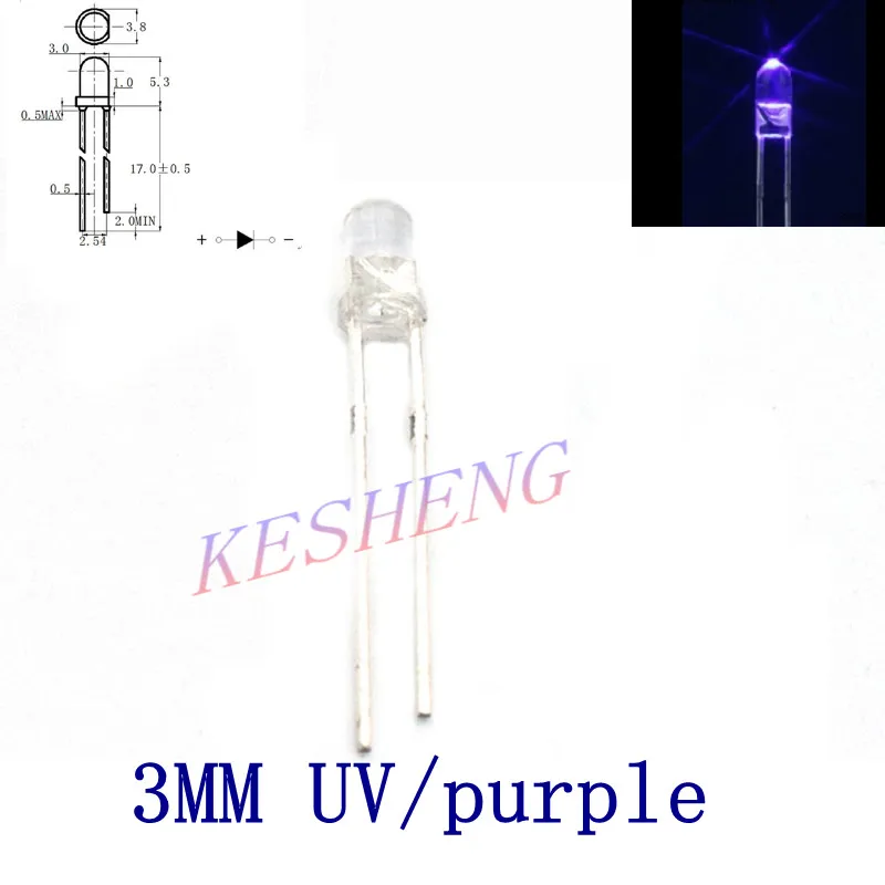 УФ светодиодный 3 мм светло-фиолетовая Прозрачная Круглая ультрафиолетовая 395