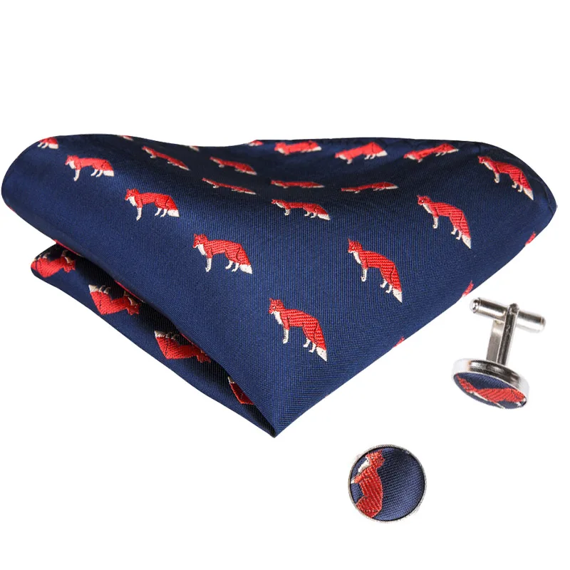 Hi-Tie Blue Animal Fox Tie Silk Necktie and Pocket Square Cufflinks Set Wedding Party Fashion Male for Men 8.5cm SN-3038 | Аксессуары