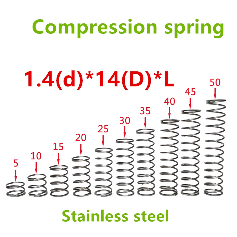 20pcs 1.4*14*(10/15/20/25/30/35/40/45/50) Stainless steel Series small spot spring wire compression pressure springs
20pcs 1.4*14*(10/15/20/25/30/35/40/45/50) Stainless steel Series small spot spring wire compression pressure springs