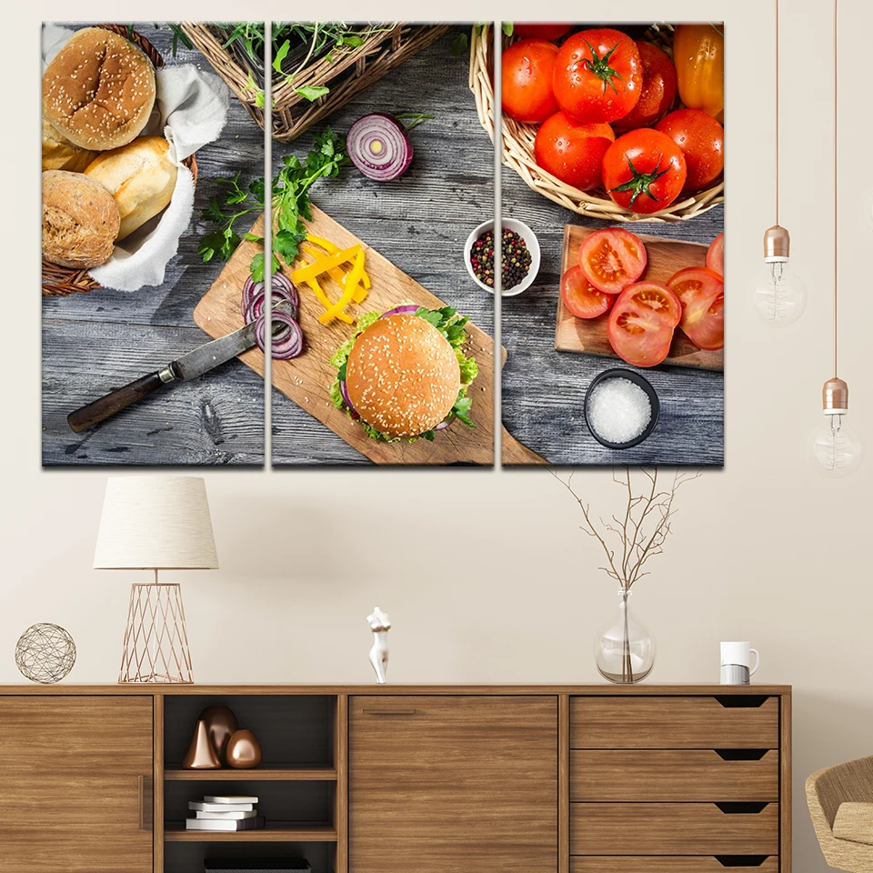 Canvas Painting Hamburger tomatoes bread onion knife 3 Pieces Wall Art Painting Modular Wallpapers Poster Print Home Decor
Canvas Painting Hamburger tomatoes bread onion knife 3 Pieces Wall Art Painting Modular Wallpapers Poster Print Home Decor