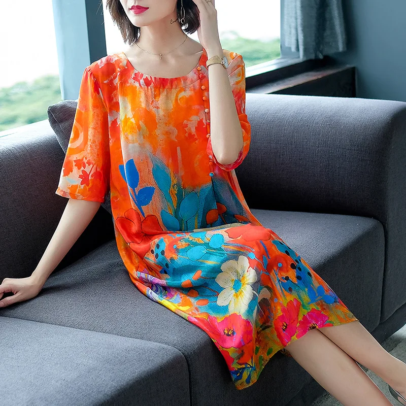 Silk dress female 2019 summer new loose retro print O-neck dress large size M-3XL high quality fashion elegant beach vestidos
Silk dress female 2019 summer new loose retro print O-neck dress large size M-3XL high quality fashion elegant beach vestidos