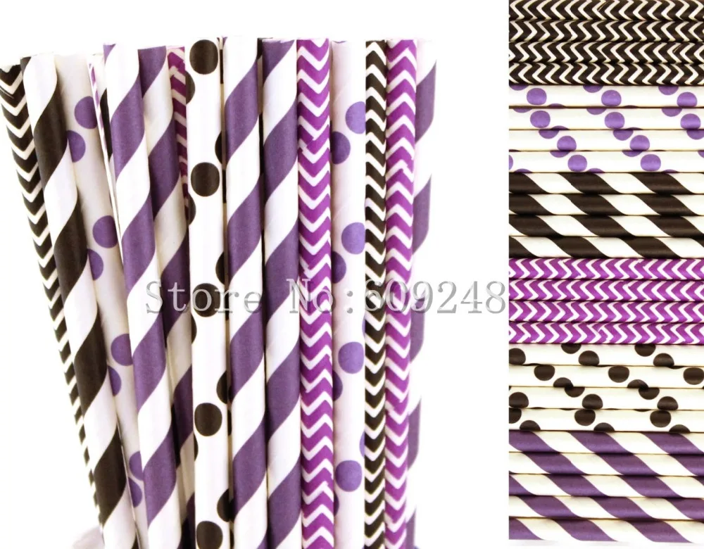 

150pcs Drinking Party Paper Straws Mix,Black and Purple Striped,Polka Dot and Chevron,Zig Zag,Wedding,Halloween,Vintage,Colored