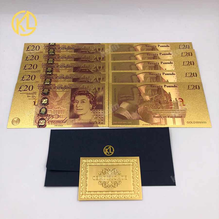 

10pcs/lot Colorful UK Pound 20 Plastic Banknote Golden Plated Currency Bill British craft Fake Money With COA