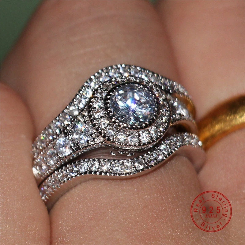 2019 New 3 pcs / Set Luxury Female White Round AAA Zircon Ring Fashion Silver Promise Engagement Rings For Women Jewelry | Украшения и