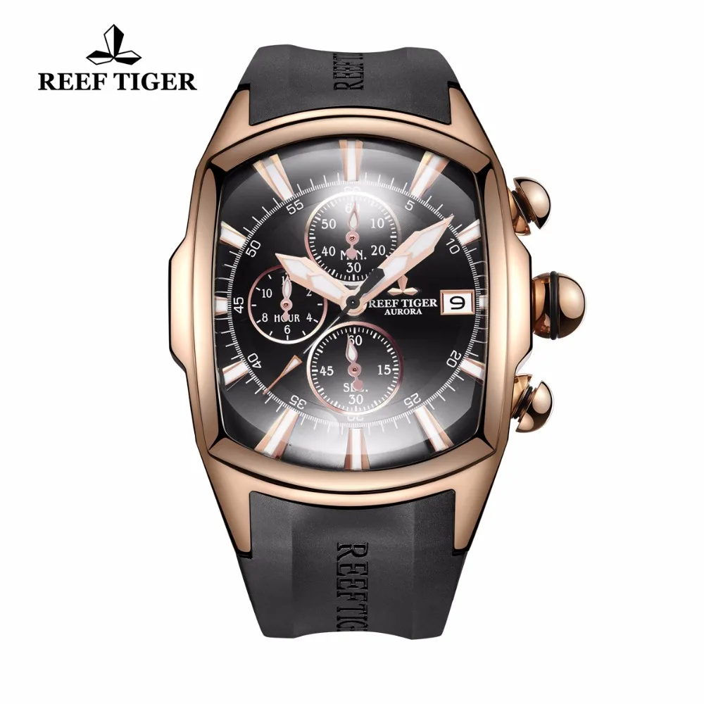 

Reef Tiger/RT Big Pilot Watches Mens Luxury Rose Gold Rubber Strap Waterproof Sport Clock Date RGA3069-T