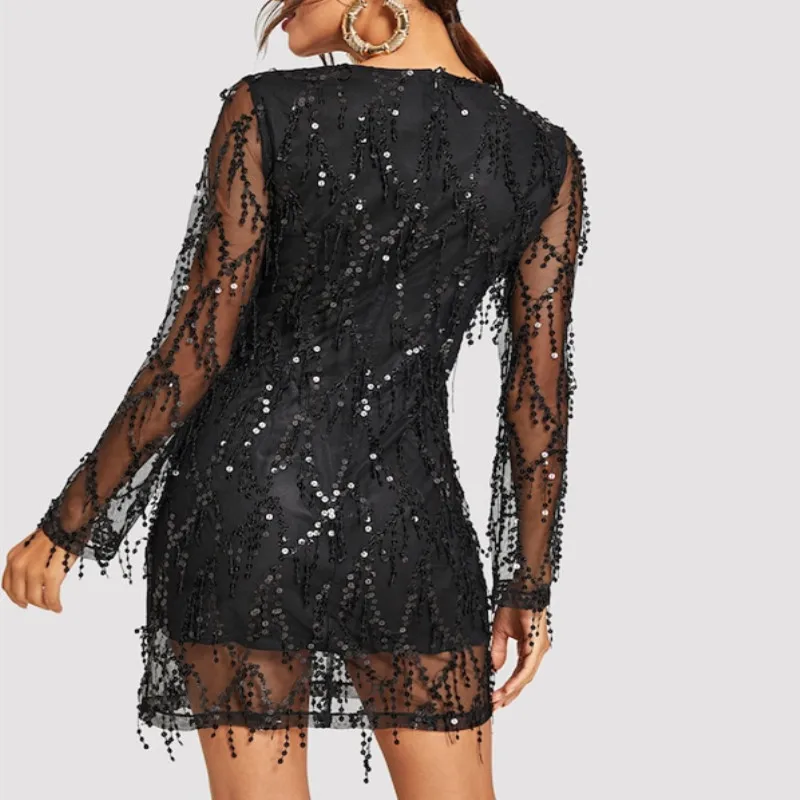 Women Sexy Lace Sparkly Party Dress Tassel Sequin Dress Female V-neck See Through Elegant Formal Mini Dress
Women Sexy Lace Sparkly Party Dress Tassel Sequin Dress Female V-neck See Through Elegant Formal Mini Dress