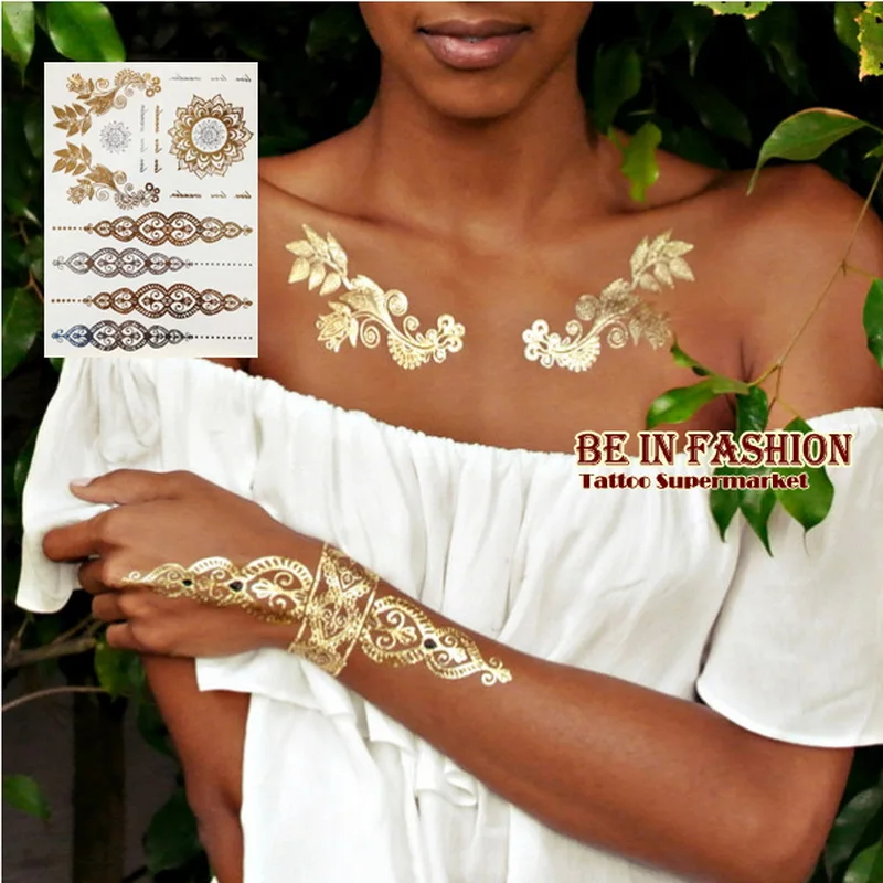 1pc Temporary Tattoo Metal Tribal flash henna Gold and silver Tattoos Jewelry Choker tattoo tatouage metallic sticker body hand
1pc Temporary Tattoo Metal Tribal flash henna Gold and silver Tattoos Jewelry Choker tattoo tatouage metallic sticker body hand