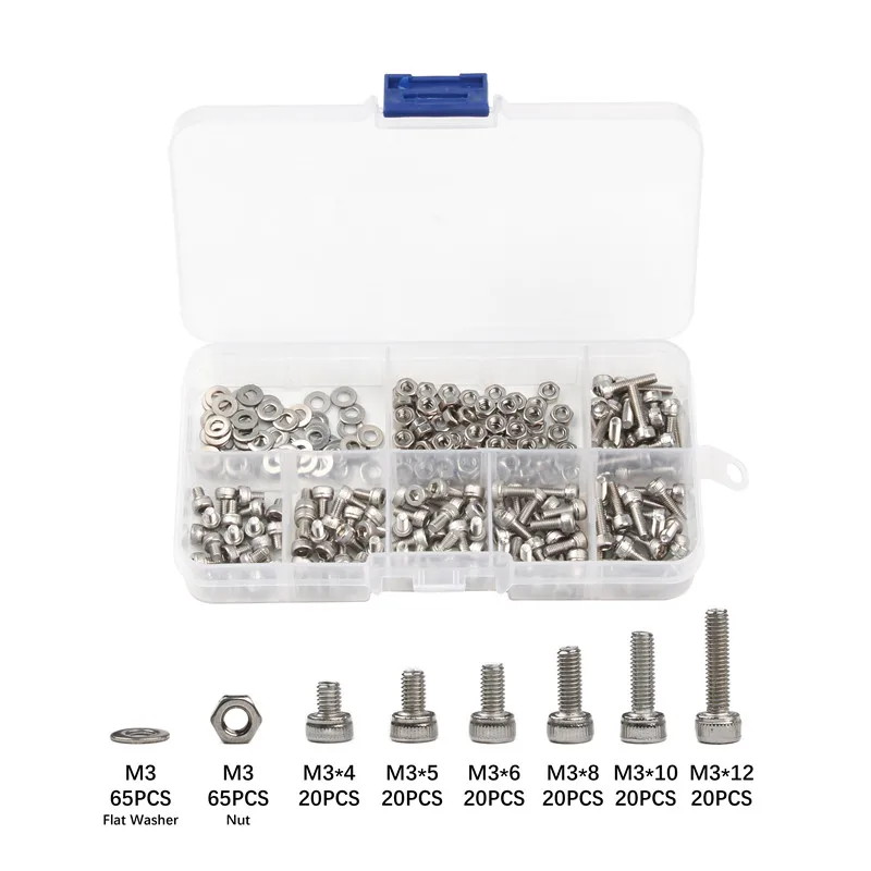 250Pcs/lot Stainless Steel Screws M3*4/5/6/8/10/12 Hexagon Socket Head Cap Screws Bicycle Hex Bolts Washer Nut Assortment Kit
250Pcs/lot Stainless Steel Screws M3*4/5/6/8/10/12 Hexagon Socket Head Cap Screws Bicycle Hex Bolts Washer Nut Assortment Kit