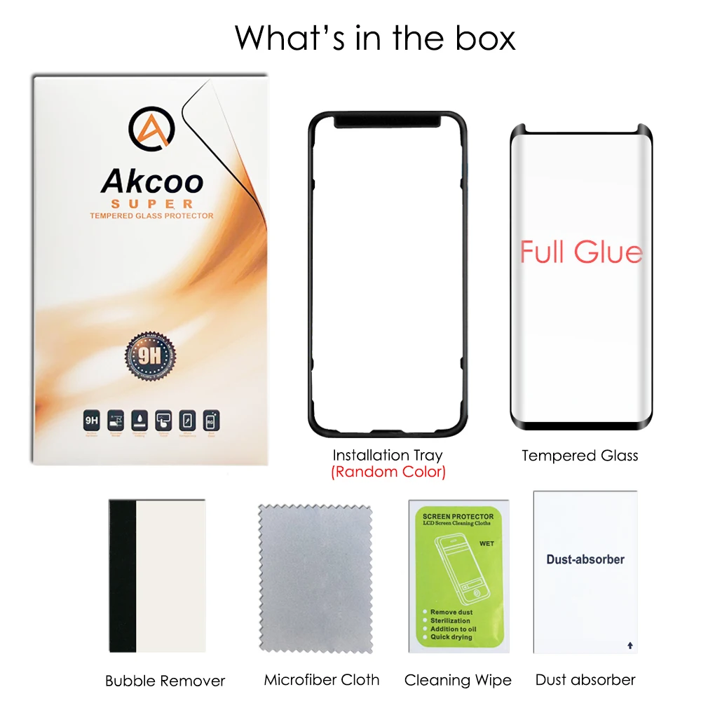 Akcoo Note 9 full glue screen protector with installation tray easy to instal for Samsung S9 note 8 S8 tempered glass protector
Akcoo Note 9 full glue screen protector with installation tray easy to instal for Samsung S9 note 8 S8 tempered glass protector