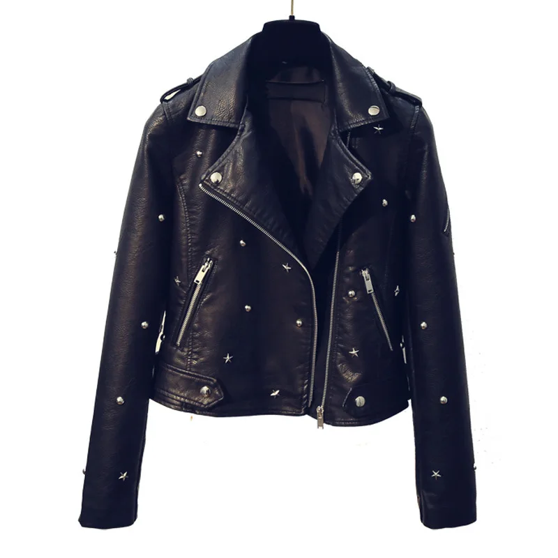 Faux Leather Coat for Women 2018 New Spring Autumn All-match Star Rivets Turn Down Collar Leather Jacket Black Female PU Outwear
Faux Leather Coat for Women 2018 New Spring Autumn All-match Star Rivets Turn Down Collar Leather Jacket Black Female PU Outwear