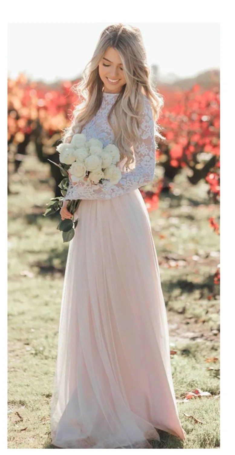 new Boho Long Sleeve Wedding Dress Robe de mariee Two Pieces White Lace Top Pink Bridal Dress Puffy Tulle Wedding Dresses
new Boho Long Sleeve Wedding Dress Robe de mariee Two Pieces White Lace Top Pink Bridal Dress Puffy Tulle Wedding Dresses
