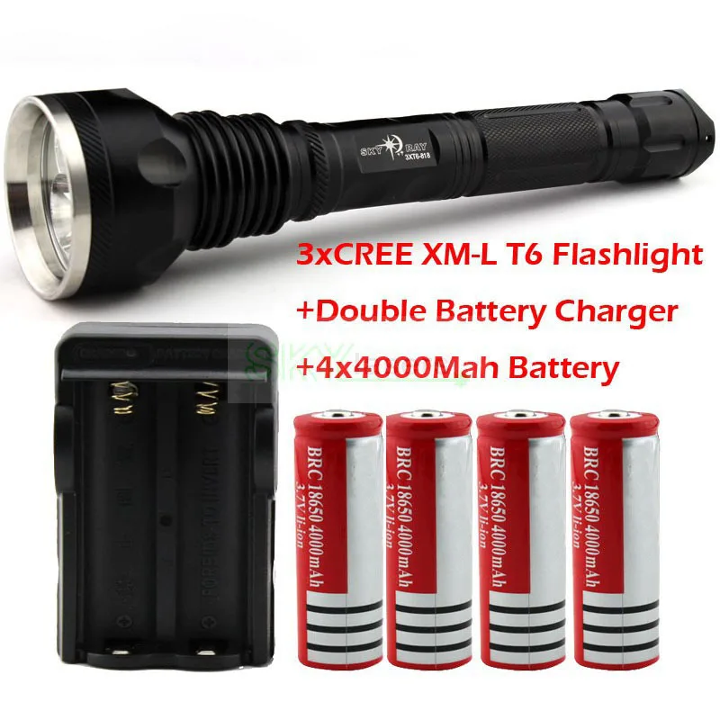 Wholesale SKY RAY 4000 Lumens 3T6 3 x XM-L XML T6 LED Flashlight Torch +4* 4000Mah18650 Battery + Double Battery Charger
Wholesale SKY RAY 4000 Lumens 3T6 3 x XM-L XML T6 LED Flashlight Torch +4* 4000Mah18650 Battery + Double Battery Charger