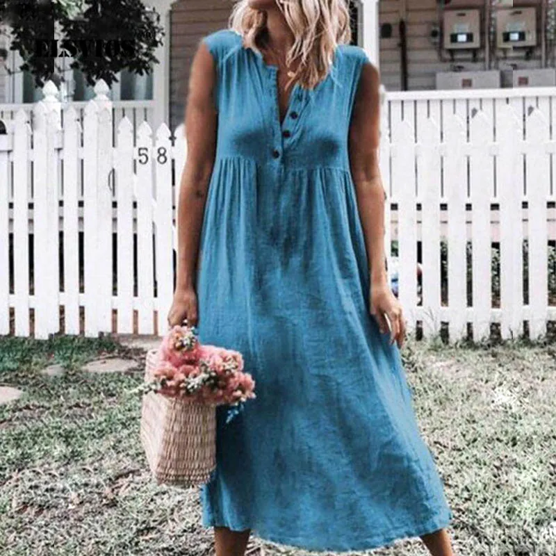 ELSVIOS 4XL Women Button pleated linen dress 2019 summer sexy sleeveless loose mid-calf length dress Elegant soft beach dresses
ELSVIOS 4XL Women Button pleated linen dress 2019 summer sexy sleeveless loose mid-calf length dress Elegant soft beach dresses