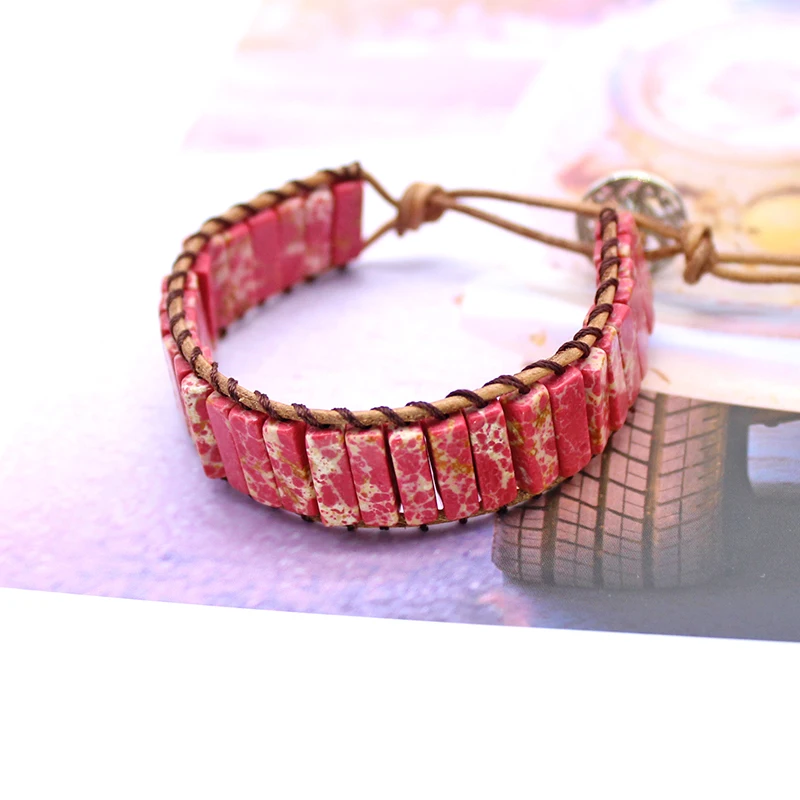 Unisex Bohemian Tube Natural Red cuboid stone Single Leather Wrap Bracelet Beaded Couples Bestfriend Gifts Dropship | Украшения и
