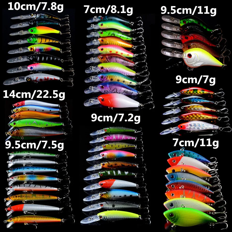 Hot Sale 59pcs/lot Set Mixed 8 Different Style Models Fishing Wobblers Bait Artificial Lifelike Minnow/VIB Lure and Crank bait
Hot Sale 59pcs/lot Set Mixed 8 Different Style Models Fishing Wobblers Bait Artificial Lifelike Minnow/VIB Lure and Crank bait