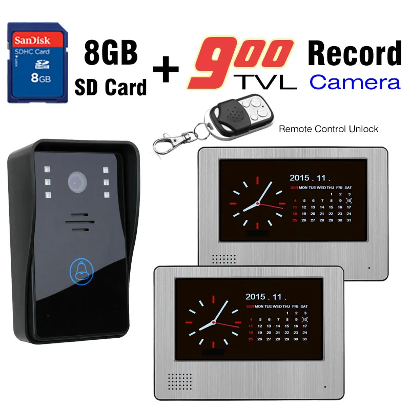 

7 Inch Touch Monitor Record Video Intercom Door Phone System 900TVL IR Camera + 8GB Card Recording + Remote Control Unlock