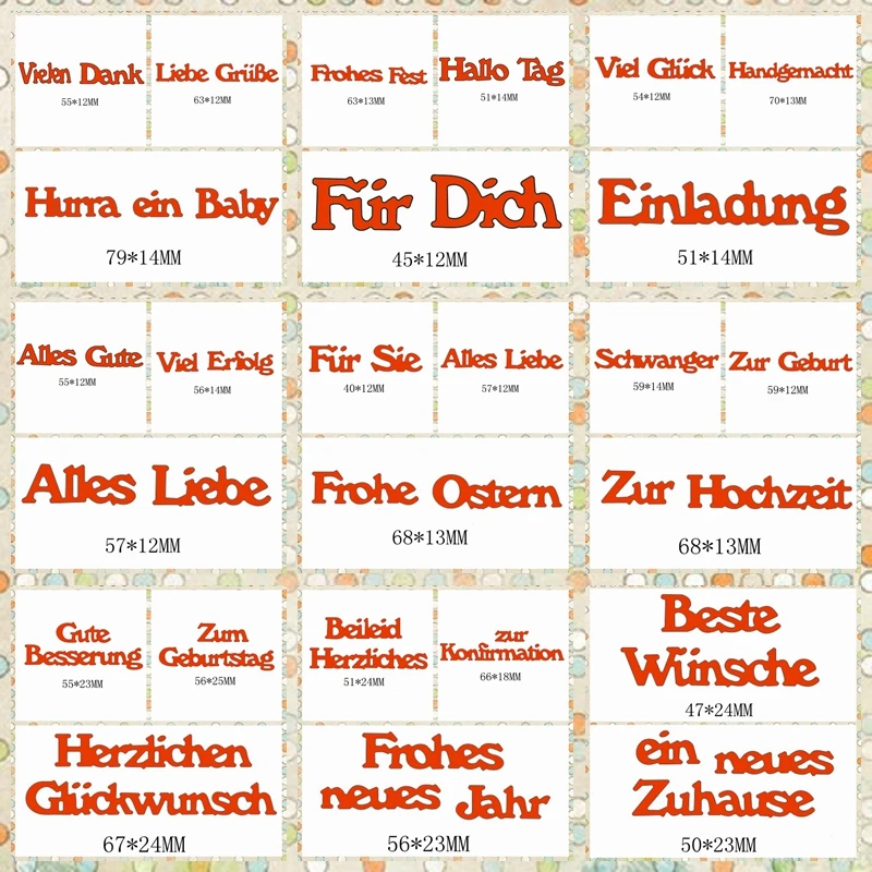 German Words Metal Cutting Dies Stencil For Scrapbooking Album Photo Paper Cards Crafts Decorative New Handmade Embossing
German Words Metal Cutting Dies Stencil For Scrapbooking Album Photo Paper Cards Crafts Decorative New Handmade Embossing