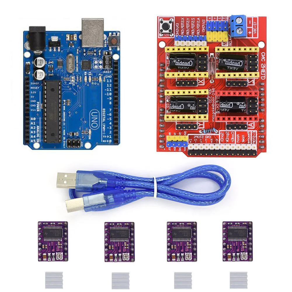 

4pcs DRV8825 Stepper Motor Driver With Heatsink + CNC Shield Expansion Board + UNO R3 Board USB Cable Kits for Arduino 3D Printe