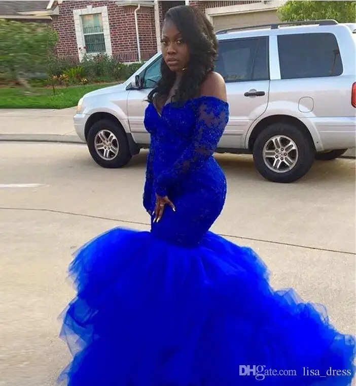 Sexy African Black Girls Royal Blue Ruffled Prom Dresses Mermaid Long Sleeve Appliques Lace Tulle Women Long Party Evening Gowns
Sexy African Black Girls Royal Blue Ruffled Prom Dresses Mermaid Long Sleeve Appliques Lace Tulle Women Long Party Evening Gowns