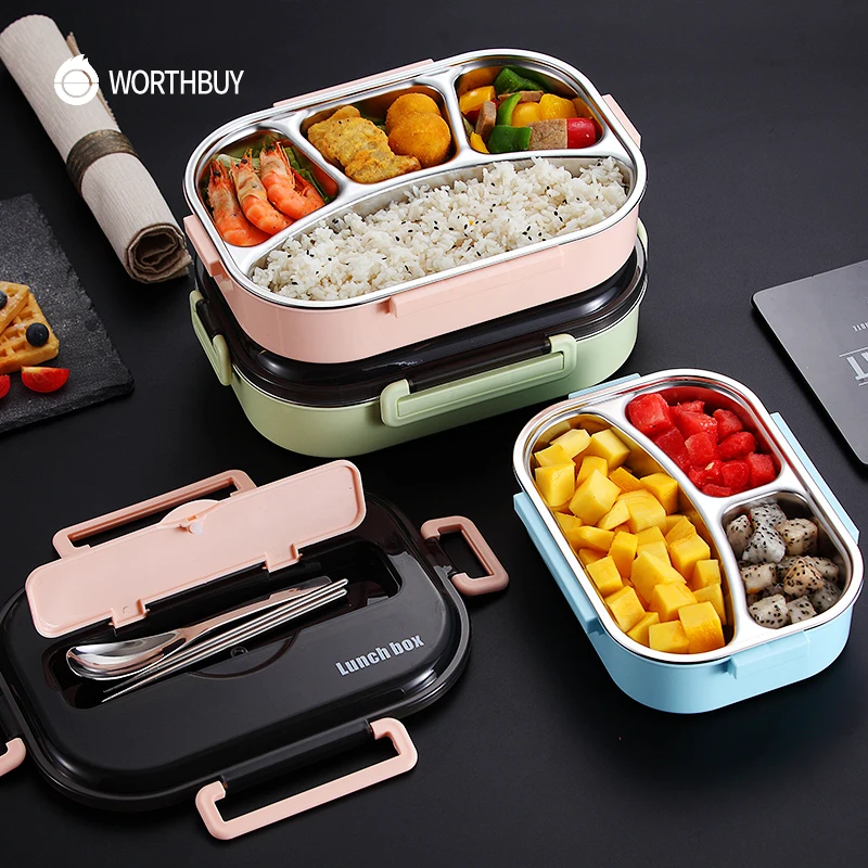 WORTHBUY Cute Bento Box For Children 304 Stainless Steel Lunch With Tableware Set Microwave Food Container Compartments | Дом и сад