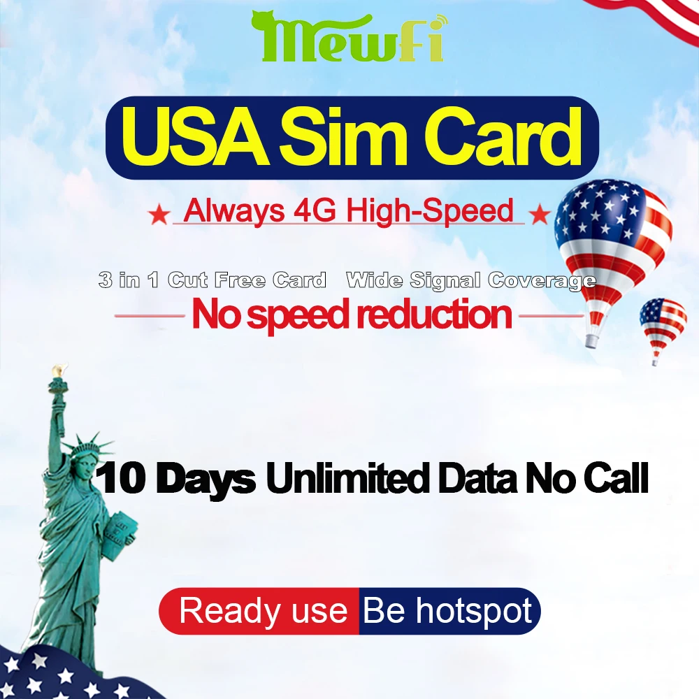 Mewfi предоплата T-Mobile Американец / сша Путешествовать Сим-карта 10 дней без
