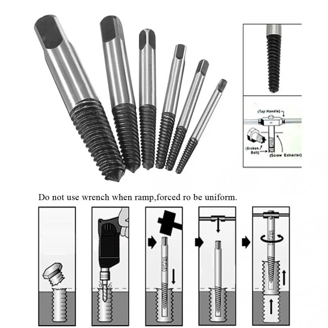 6pcs/lot Screw Extractor Easy Out Set Drill Bits Guide Broken Damaged Bolt Remover New Arrival
6pcs/lot Screw Extractor Easy Out Set Drill Bits Guide Broken Damaged Bolt Remover New Arrival