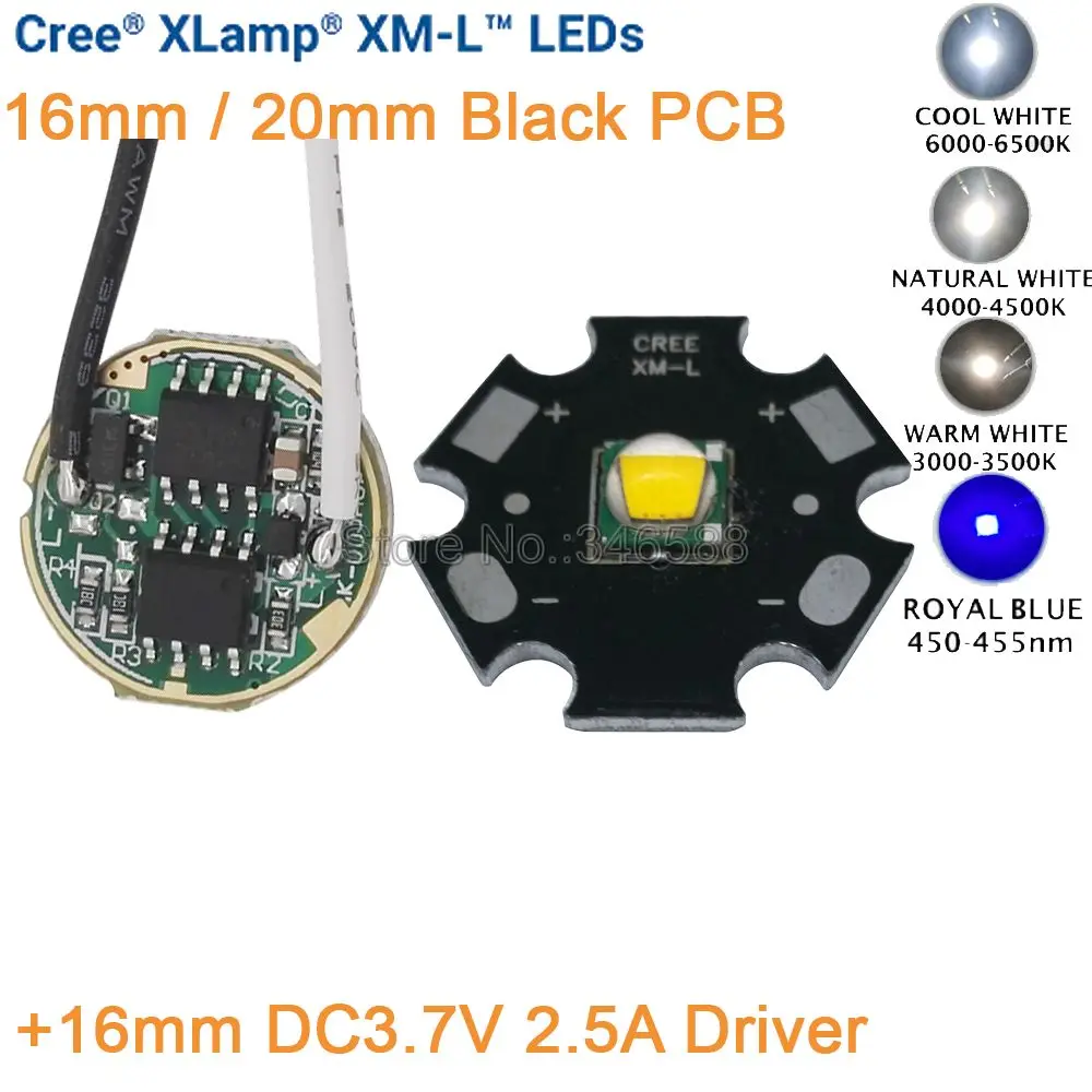 

16mm DC3.7V 2.5A Driver 5 Modes + Cree XML XM-L T6 Cold White Neutral White Warm White 10W High Power LED Emitter Black PCB