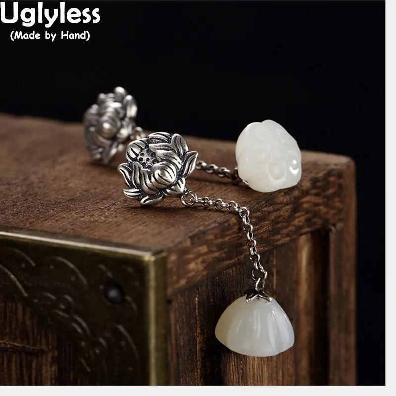 

Uglyless Real 925 Sterling Silver Nature White Jade Lotus Drop Earrings Women Vintage Engrave Floral Brincos Bijoux Fine Jewelry