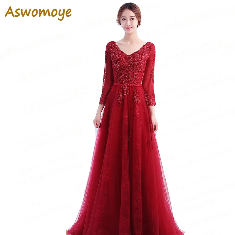 2018 New Elegant Women Evening Dresses Red Wine Floor Length Illusion V-neck Appliques Floral Party Dresses A-Line de soiree
2018 New Elegant Women Evening Dresses Red Wine Floor Length Illusion V-neck Appliques Floral Party Dresses A-Line de soiree