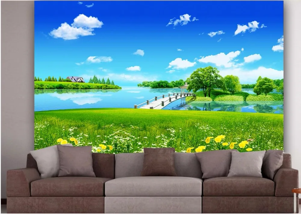 

Custom photo 3d room wallpaper mural blue sky cloud river bridge landscape painting 3d wall murals wallpaper for living room