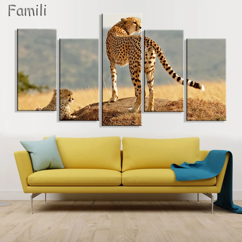 

5 Panel Walking Leopard Picture HD Printed Cheetah Canvas Wall Art for Home Decoration Gallery Wrapped Wild Animal Wall Poster