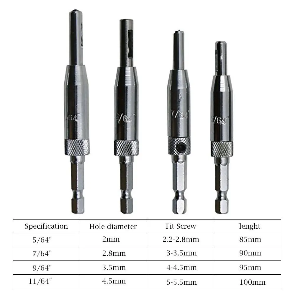 DSHA -4pcs Self Centering Hinge Drill Bits Set,1/4inch Hex Shank, screw sizes 5/64 inch, 7/64 inch, 9/64 inch, 11/64 inch for
DSHA -4pcs Self Centering Hinge Drill Bits Set,1/4inch Hex Shank, screw sizes 5/64 inch, 7/64 inch, 9/64 inch, 11/64 inch for