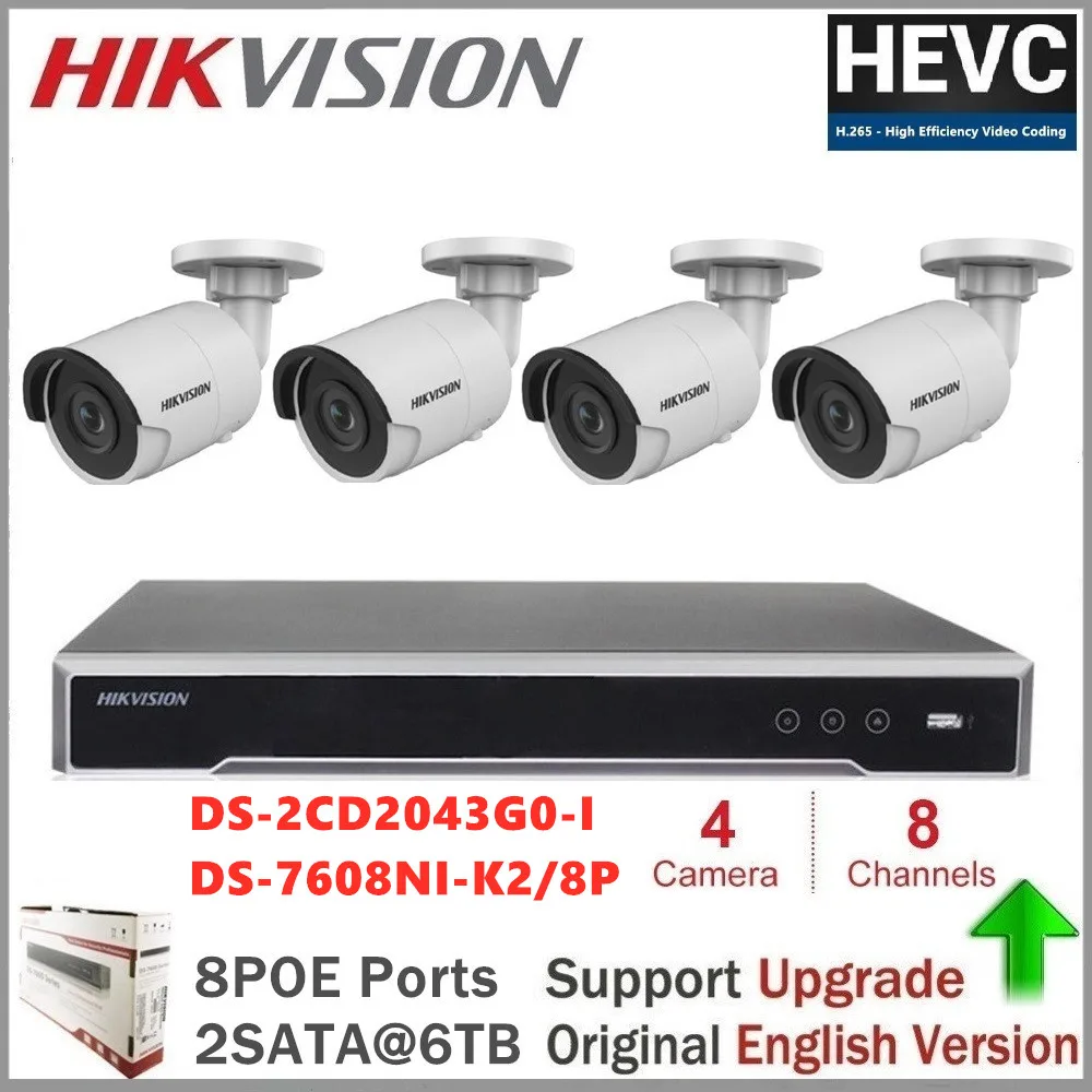 

Комплекты IP-камер Hikvision, встроенные 4K NVR 8CH 8POE 2SATA H.265 + DS-2CD2043G0-I камера видеонаблюдения системы безопасности, система камер