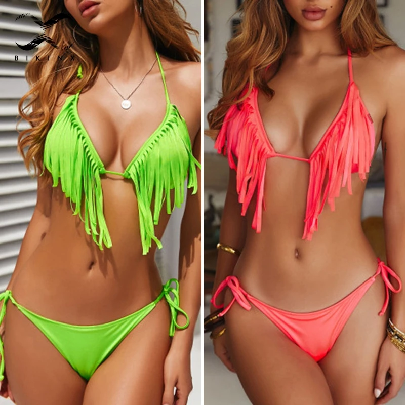Bikinx с лямкой на шее купальники кисточками 2019 mujer купальник треугольник эффектом